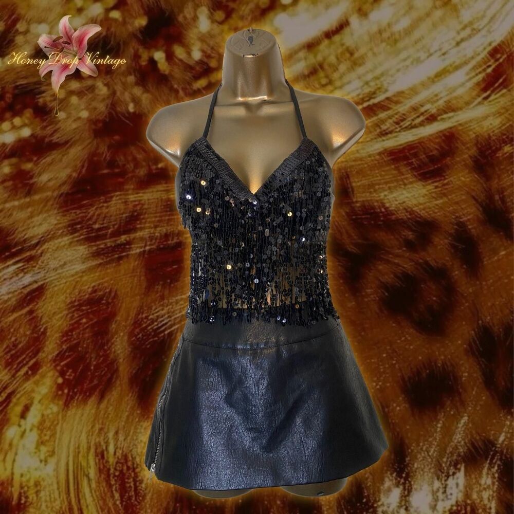 Black Sequin Fringe Backless Halter Tie Top